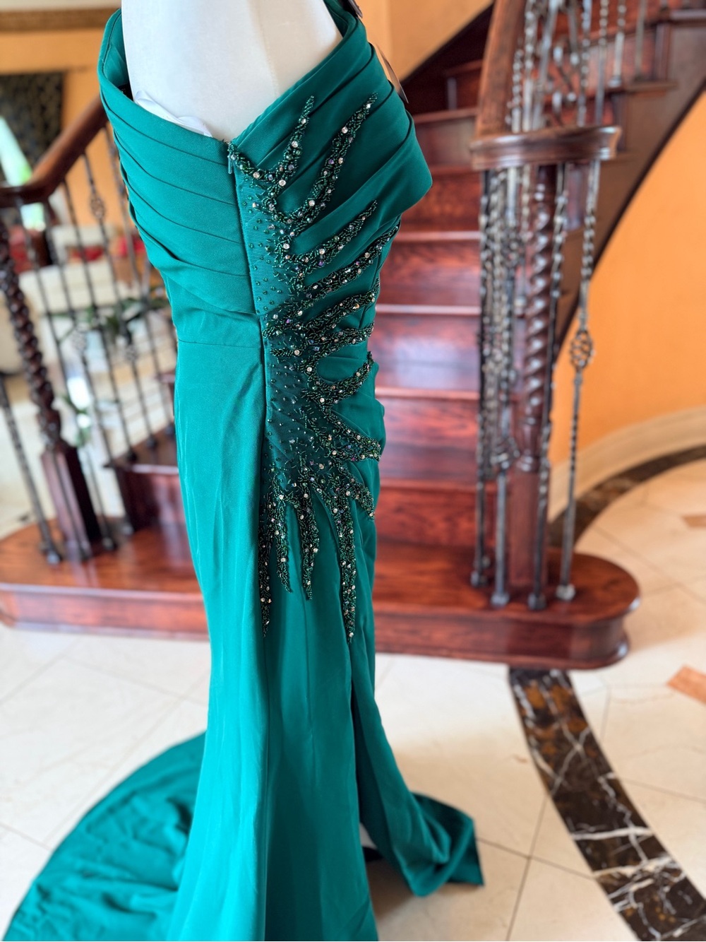 Terani Couture Emerald Green One-Shoulder Beaded Gown - Picture 11 of 13